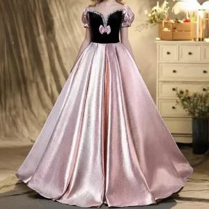 Sweet Pink Bow Satin Prom Dress,V-neck Long Dress