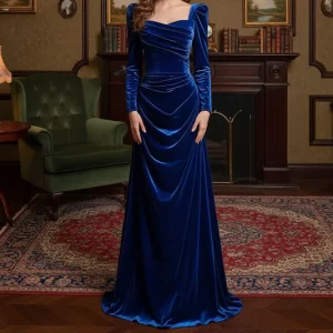 Vintage Style Blue Velvet Ball Gown, Dark Academia Party Dresses