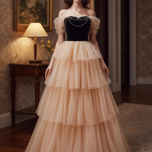 Black Velvet and Champagne Tulle Prom Dress,Tiered Ruffle Ball Gown
