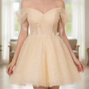 Champagne Lace Corset Prom Dress,Short Dresses