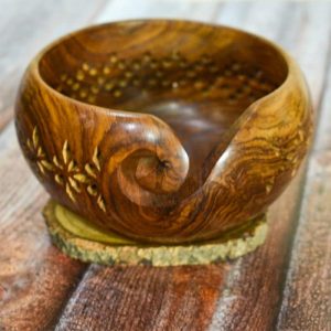 Wooden Yarn Bowl with Floral Detailed Engraving - Large