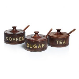 Wooden Set of 3 Jars for Coffee, Tea and Sugar with Spoons and Tray and Brass Inlay