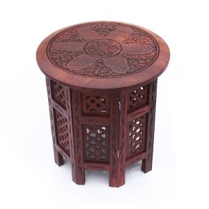 Sheesham Wood Octangle Hand Carved End Table (Medium Size) 15 Inch with Floral Hand Crafted Motifs