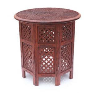 Sheesham Wood Octangle Hand Carved End Table (Large Size) 18 Inch with Floral Hand Crafted Motifs