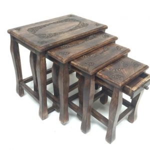 Mango Wood Hand Carved Nest of 4 Table Set with Brass Motif Detailing