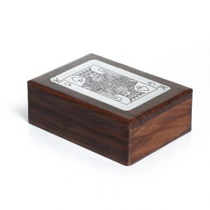 Wooden Single Deck Playing Card Holder with Silver Metal Inlay
