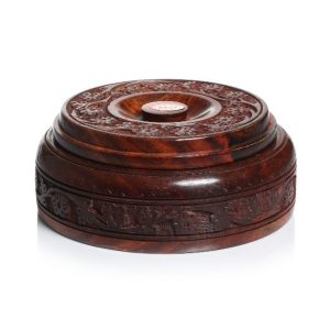 Sheesham Wood Floral Motifs Carved Spice Box with 4 Divisions within and Brass Knobs