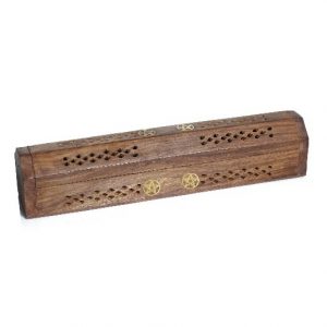 Carved Wooden Incense Box Holder with Brass Pentagram Motif Inlay