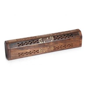 Carved Wooden Incense Box Holder with Brass Floral Design Inlay