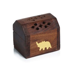 Wooden Incense Cone Holder in a Mini Size with Brass Elephant Design Inlay
