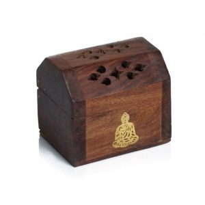 Wooden Incense Cone Holder in a Mini Size with Brass Buddha Design Inlay