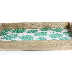 Rectangular Wooden Serving
Tray with Hand Painted Green Monstera Leaves Design