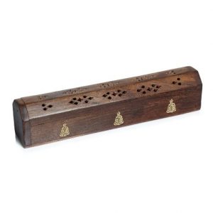 Wooden Incense Box Holder with Brass Buddha Design Inlay