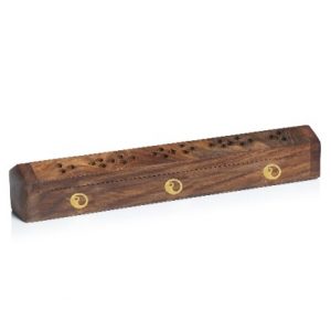 Wooden Incense Box Holder in a Petite Size with Brass Ying Yang Design Inlay