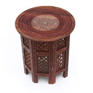 Sheesham Wood Octangle Hand Carved End Table (Medium Size) 15 Inch with Brass Detailing