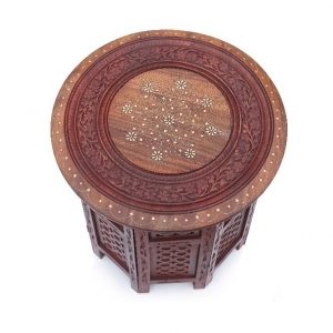 Sheesham Wood Octangle Hand Carved End Table (Large Size) 18 Inch with Brass Detailing