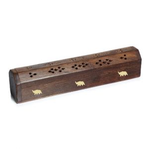 Wooden Incense Box Holder in a Petite Size with Brass Elephant Design Inlay