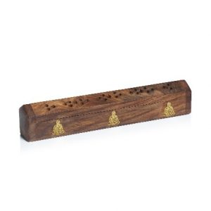 Wooden Incense Box Holder in a Petite Size with Brass Buddha Design Inlay