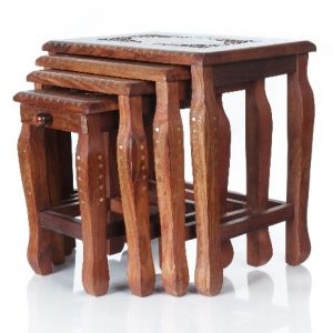Sheesham Wood Hand CarvedNest of 4 Table Set with Brass Motif Detailing